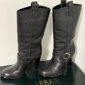 Ralph Lauren Black Leather Heeled Boots with Buckle